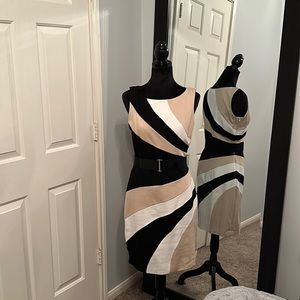 White House Black Market sleeveless dress in black, white and tan.
